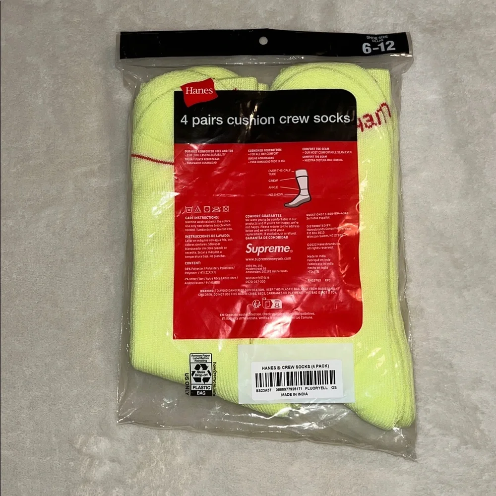 Supreme Hanes Crew Socks (4 Pack) Fluorescent Yellow